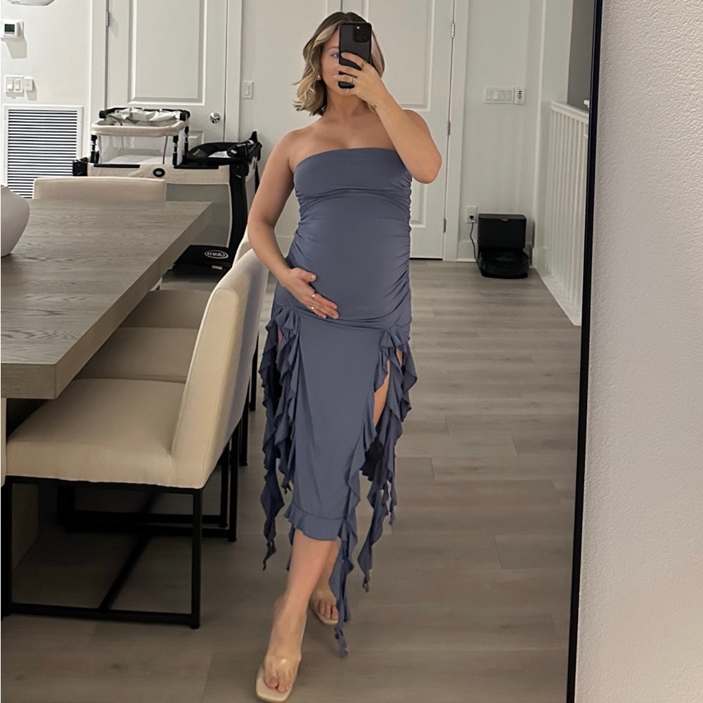 Strapless blue/gray dress (stretchy/maternity friendly)
